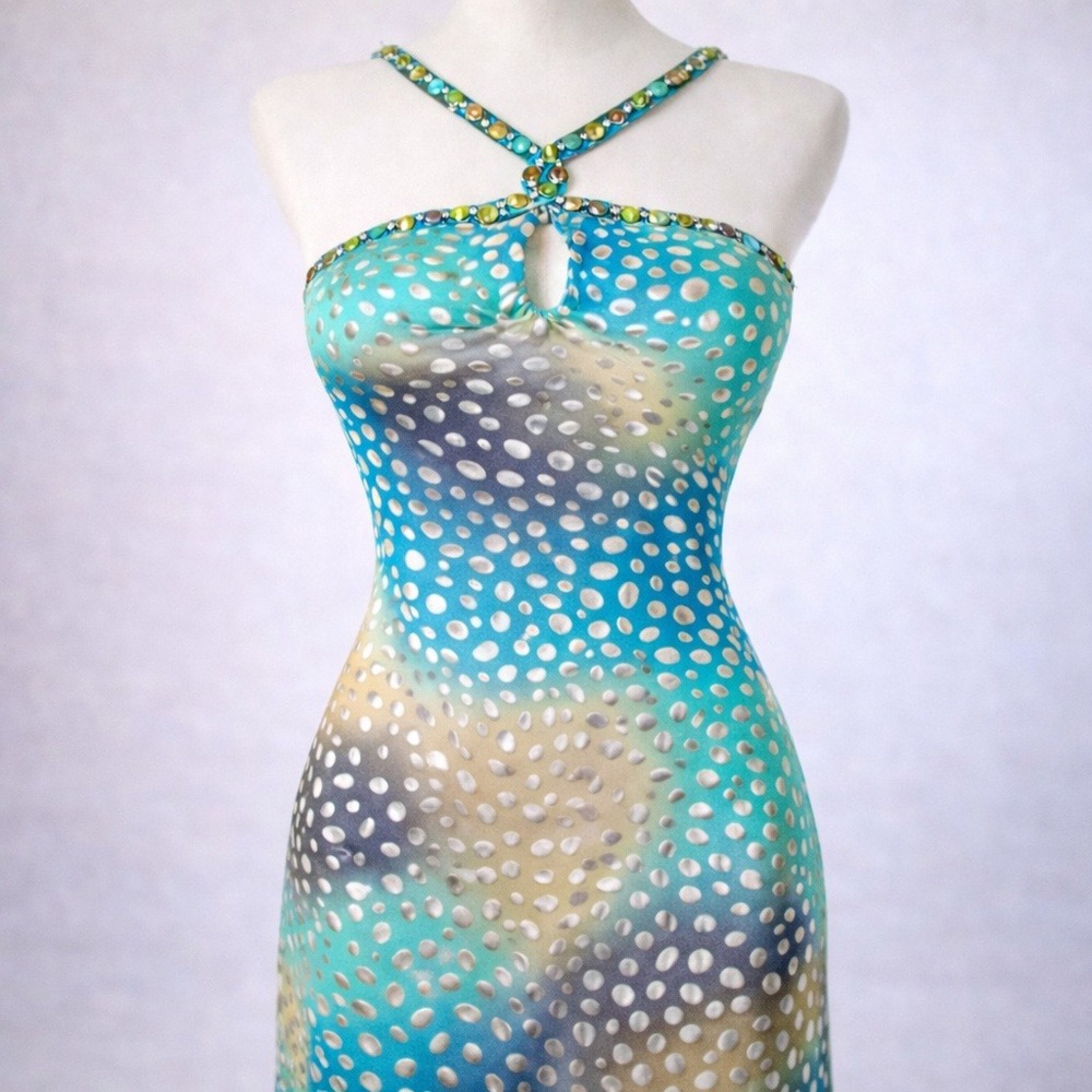 Y2k LA Femme Teal Metallic Dot Maxi Dress w stone Straps Keyhole low back Gown 8